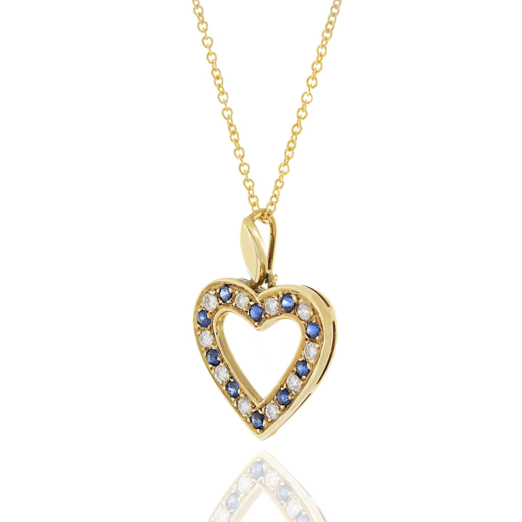 14KT Yellow Gold Diamond And Blue Sapphire Heart Pendant In New Condition For Sale In New York, NY