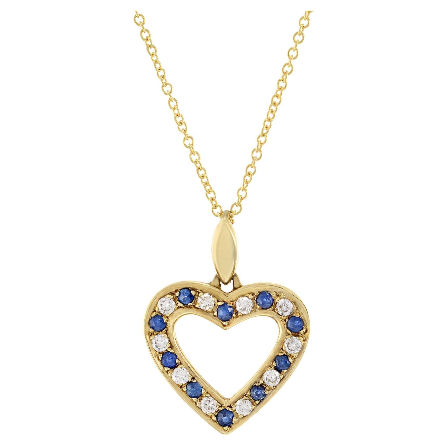 14KT Yellow Gold Diamond And Blue Sapphire Heart Pendant