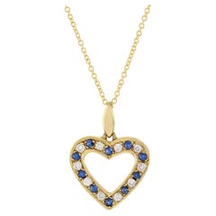 14KT Yellow Gold Diamond And Blue Sapphire Heart Pendant