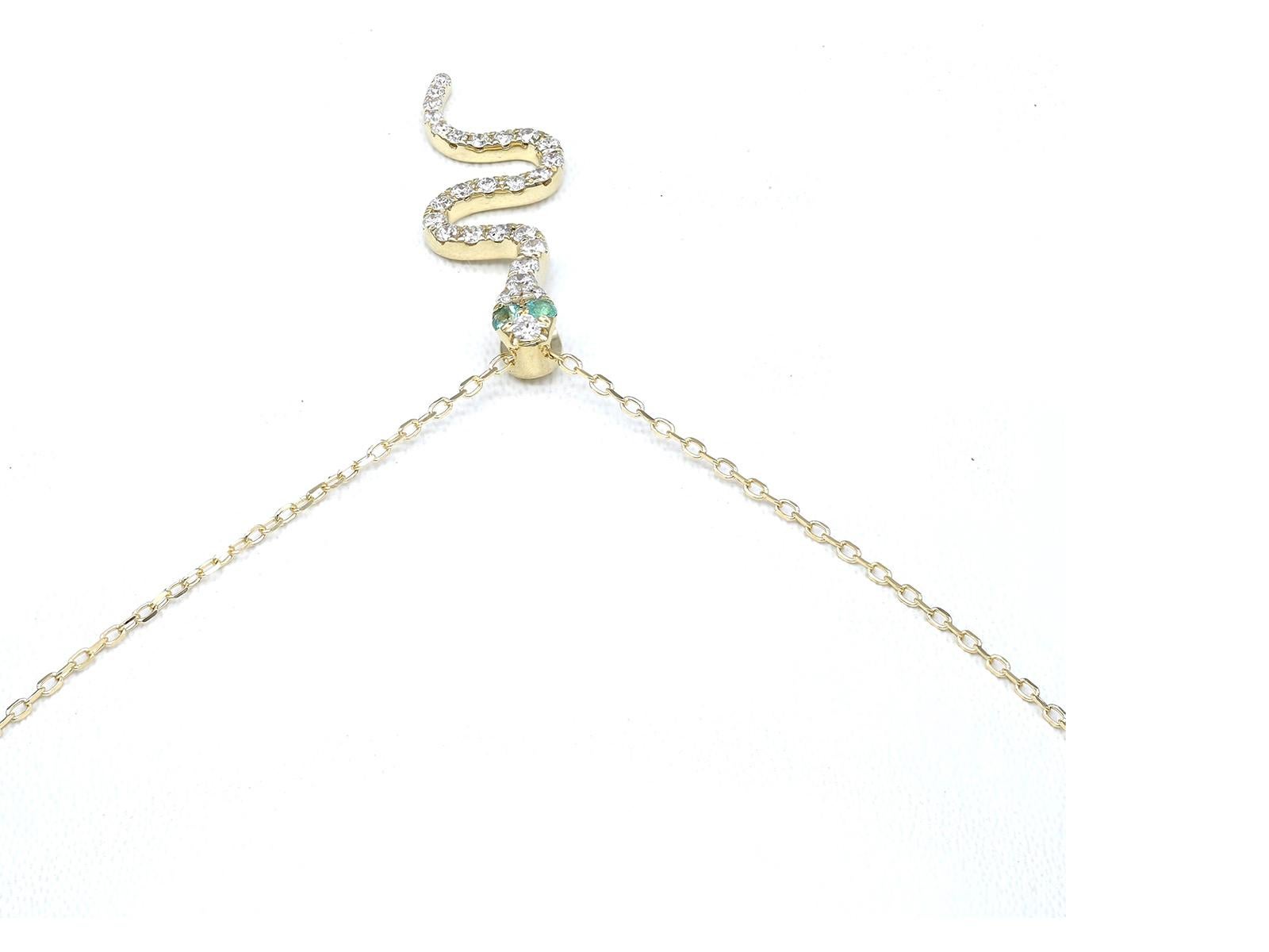 14KT Yellow Gold Diamond and Emerald Snake Pendant Necklace For Sale at ...
