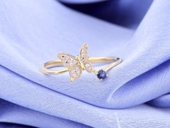 14KT Yellow Gold Diamond Butterfly and Sapphire Bypass Ring