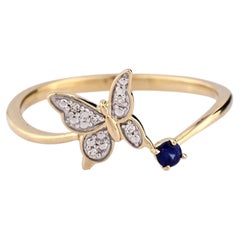 14KT Yellow Gold Diamond Butterfly and Sapphire Bypass Ring