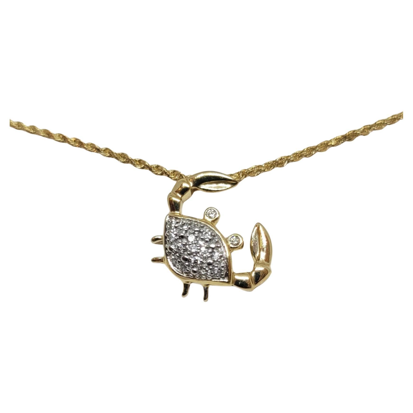 14kt Yellow Gold diamond Crab Pendant .20cttw 16 Inch 1mm Rope Chain 4.2 Grams