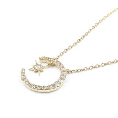 14KT Yellow Gold Diamond Crescent Moon and Starburst Pendant Necklace