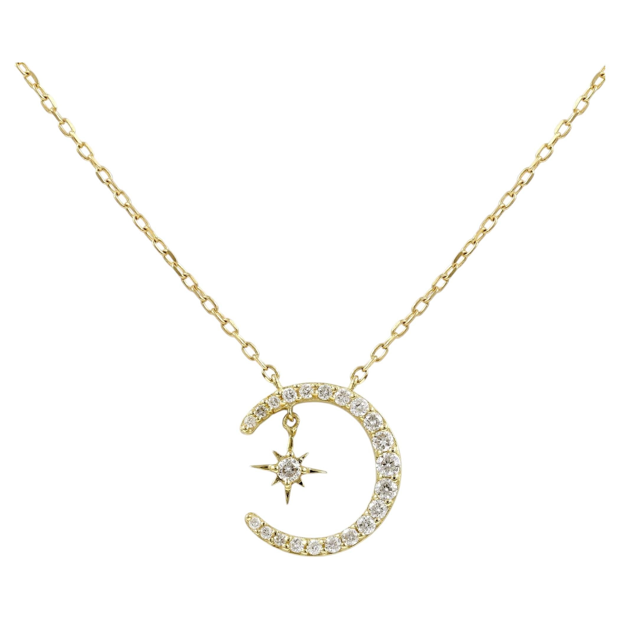 14KT Yellow Gold Diamond Crescent Moon and Starburst Pendant Necklace