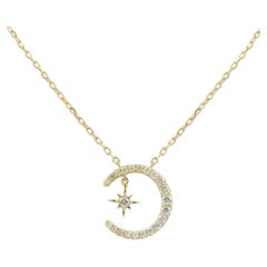 14KT Yellow Gold Diamond Crescent Moon and Starburst Pendant Necklace