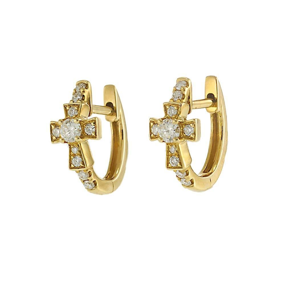 These striking diamond cross hoop earrings make a bold statement of faith and style. Crafted in polished 14KT yellow gold, each earring features a central round brilliant diamond framed by four directional accents, forming a stylized cross.