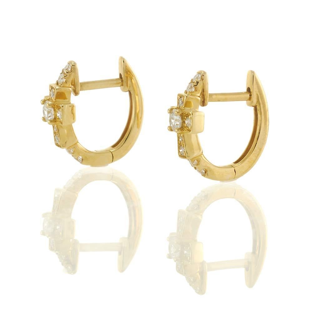 Round Cut 14KT Yellow Gold Diamond Cross Huggie Earrings For Sale