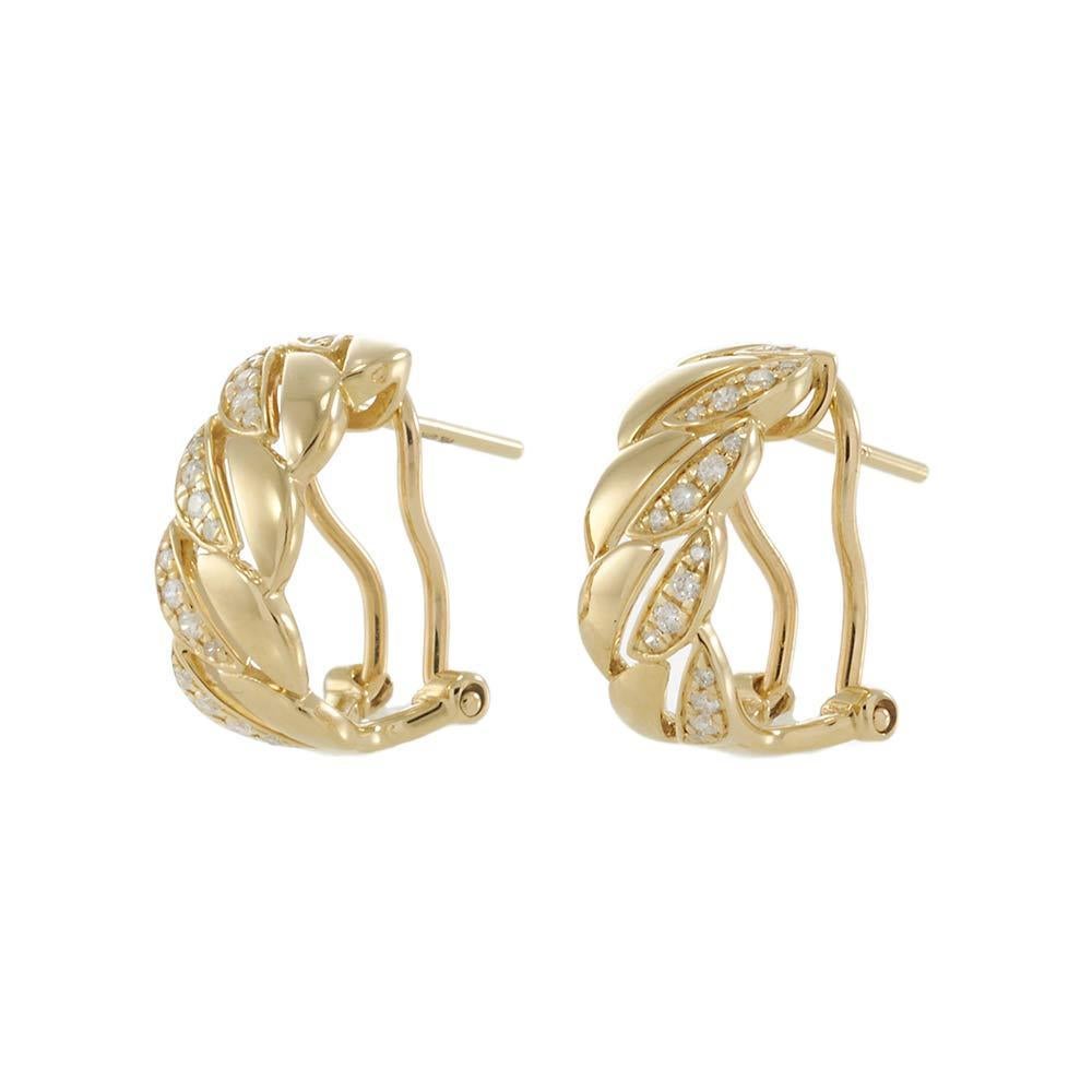 These 14KT yellow gold huggie earrings bring a bold twist to classic elegance with their Cuban link-inspired design. Each leaf-shaped link alternates between polished gold and pavé-set diamonds, totaling approximately 0.25 carats. Their curved,
