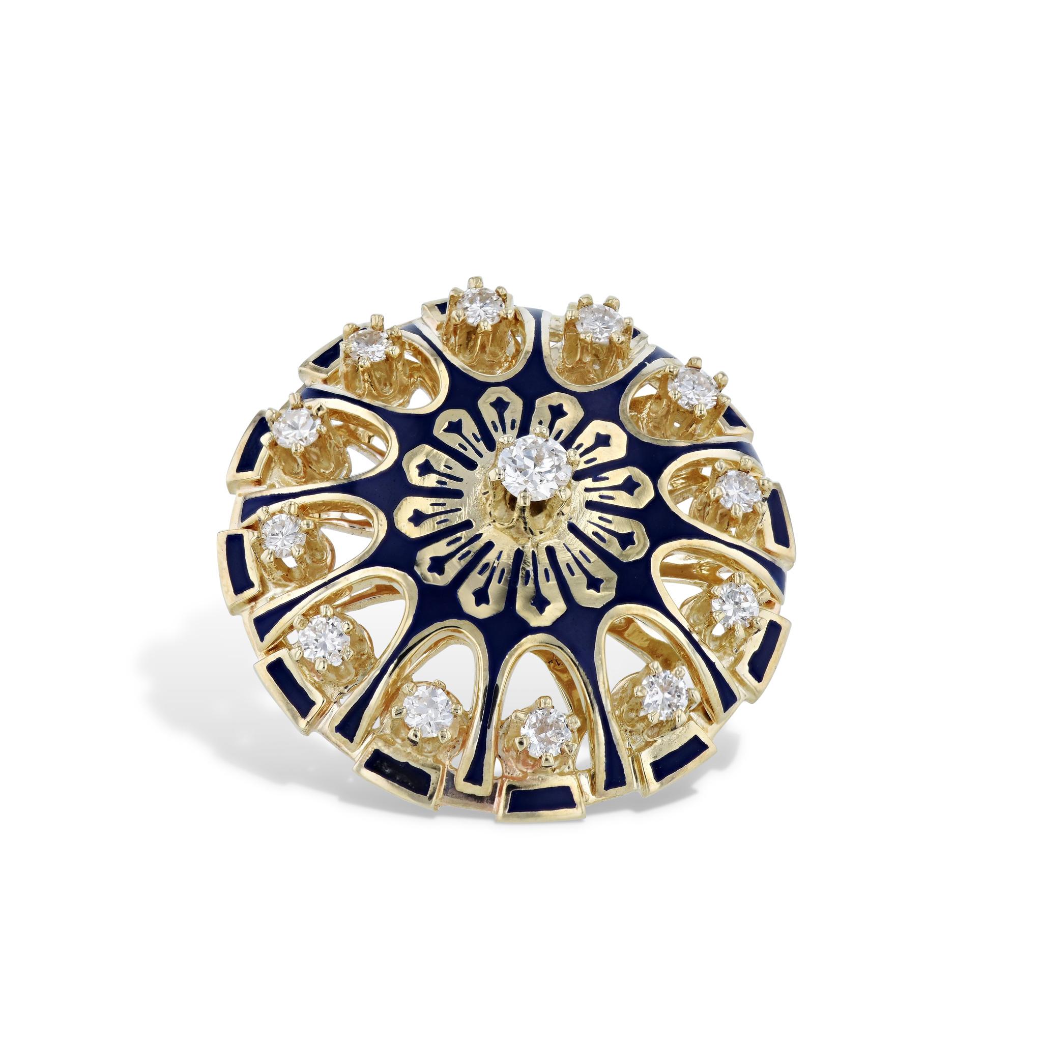 This 14kt yellow gold diamond estate brooch is the epitome of elegance and class. 13 dazzling diamonds sparkles brightly. Creating a timeless piece of jewelry, this brooch is a perfect addition to any vintage or estate collection.
Yellow Gold