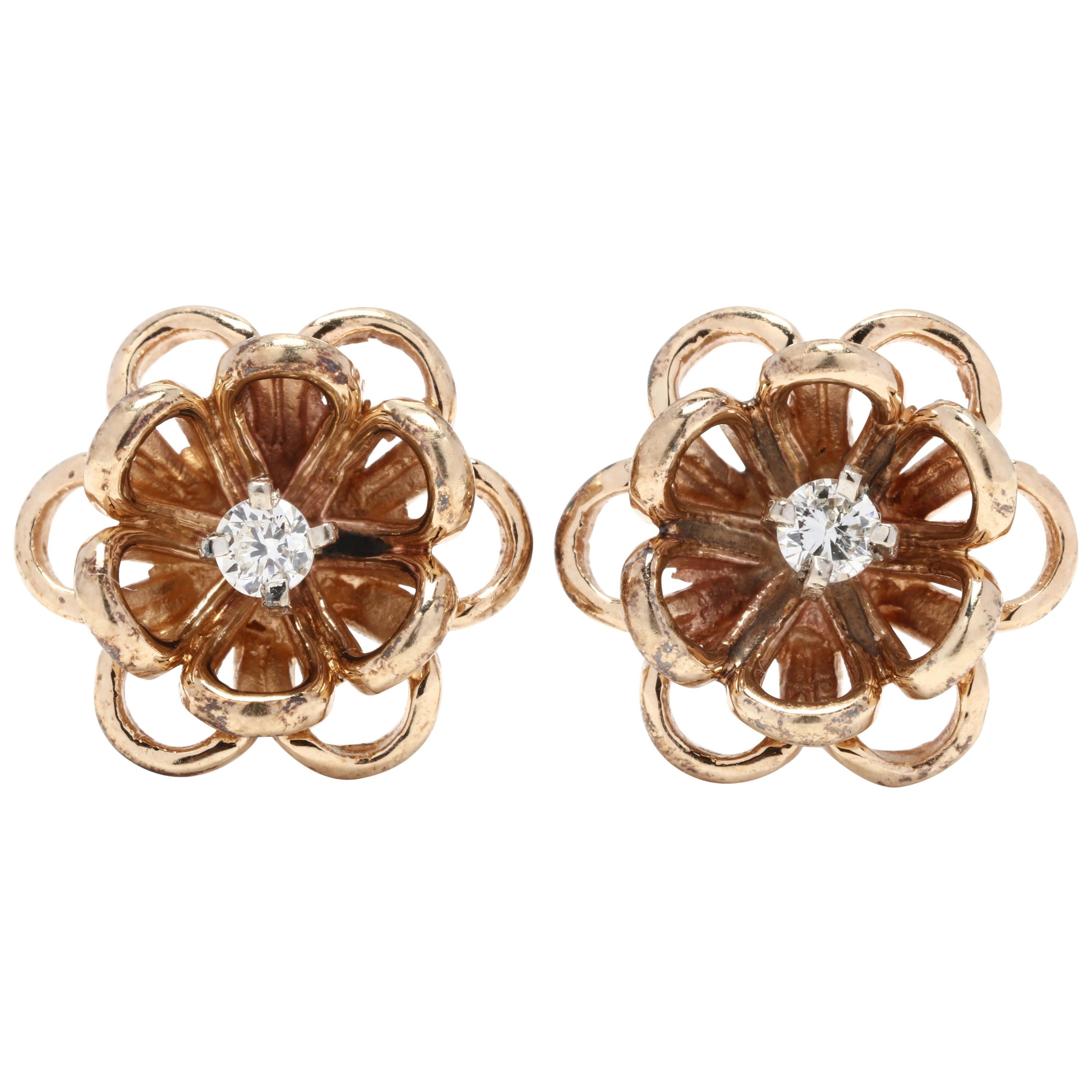 14 Karat Yellow Gold Diamond Bezel Set Flower Stud Earrings For Sale at