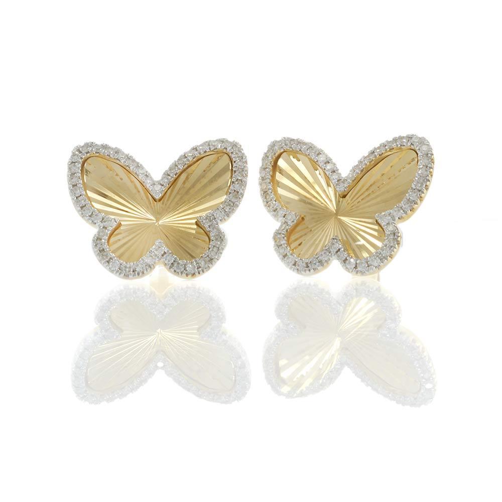 Gracieuses et rayonnantes, ces boucles d'oreilles papillon en or jaune 14KT sont un élégant symbole de transformation et de beauté. Les ailes sont cannelées avec une finition hautement polie qui capte la lumière sous tous les angles, tandis qu'une