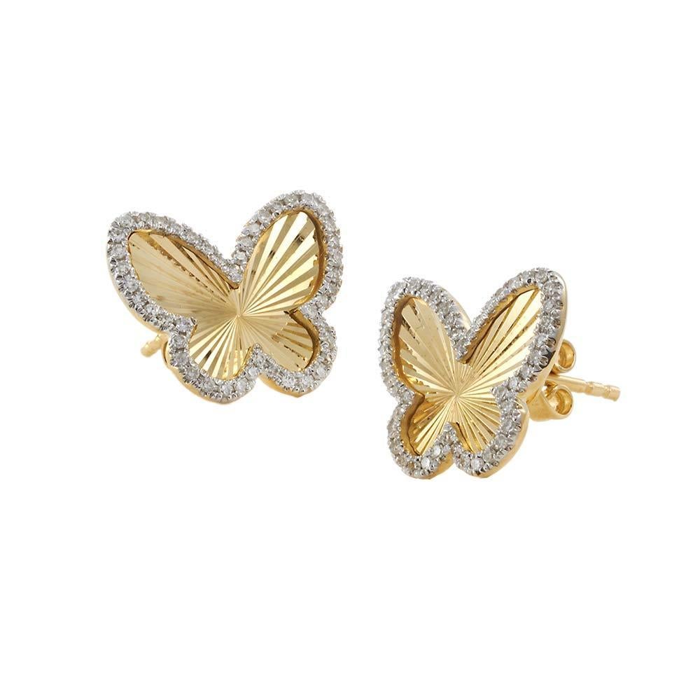 Taille ronde Boucles d'oreilles papillon en or jaune 14KT avec diamants et cannelures en vente