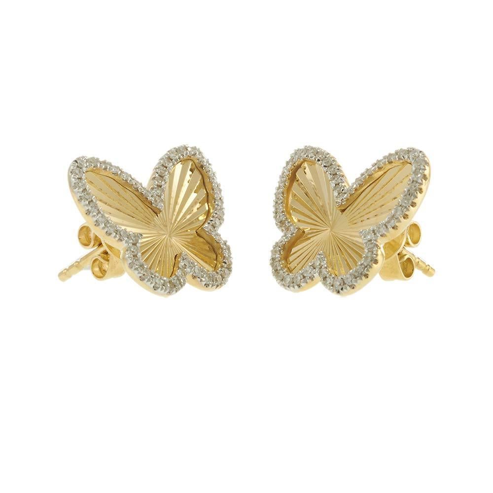Boucles d'oreilles papillon en or jaune 14KT avec diamants et cannelures Pour femmes en vente