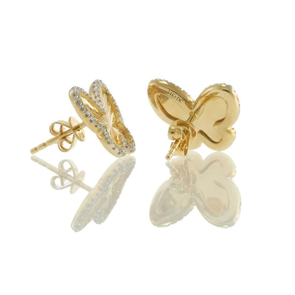 Boucles d'oreilles papillon en or jaune 14KT avec diamants et cannelures en vente 3