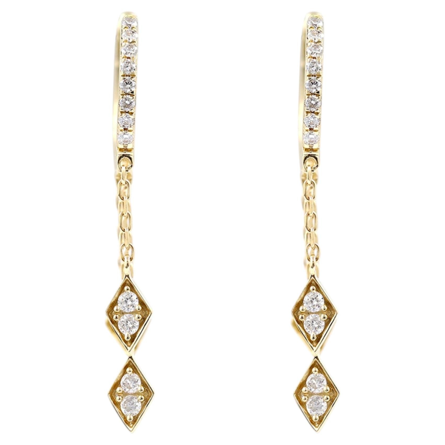 14KT Yellow Gold Diamond Geometric Tassel Gold Huggie Drop Earrings