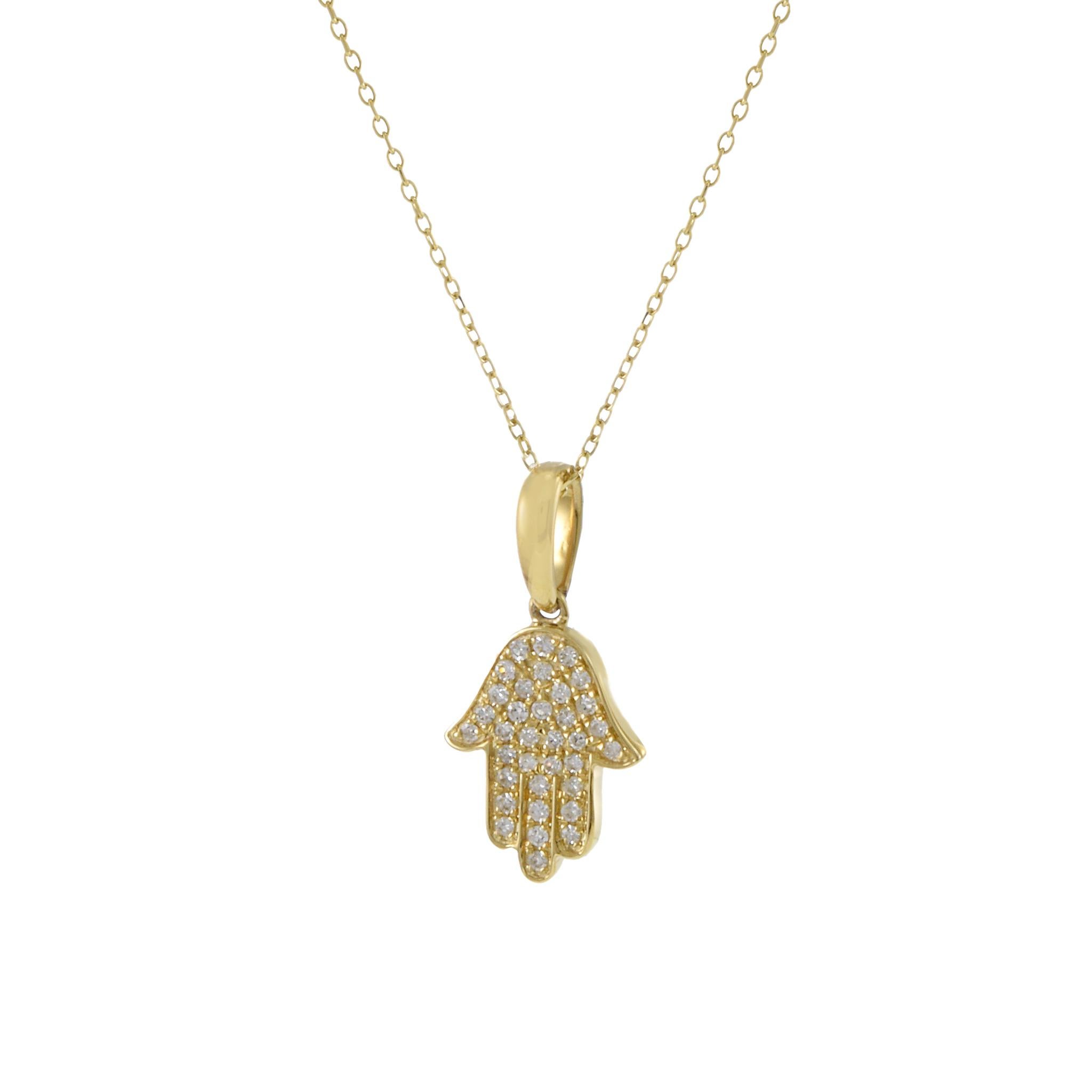 Modern 14KT Yellow Gold Diamond Hamsa Pendant Necklace For Sale