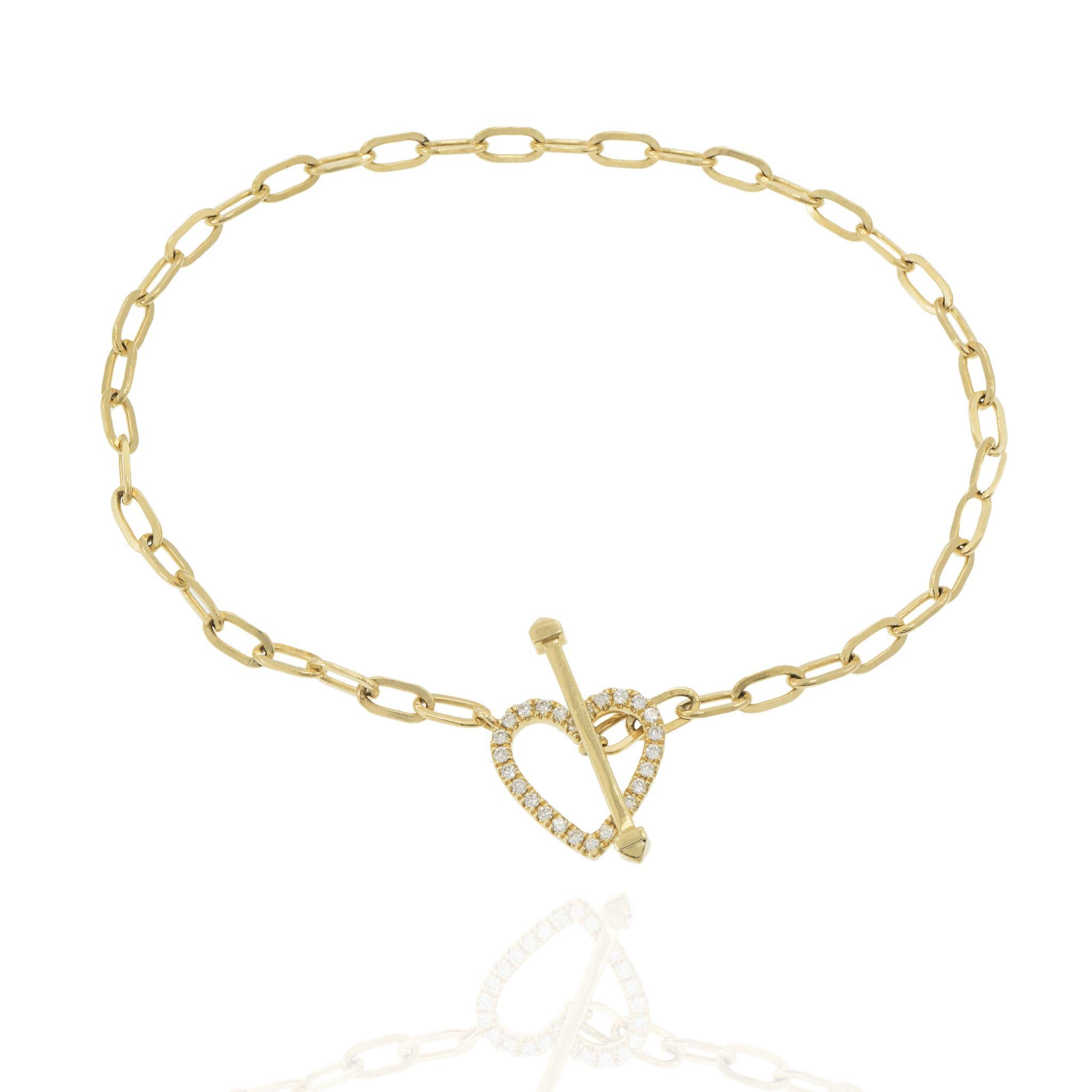 Taglio brillante Bracciale Paperclip a cuore aperto con diamanti in oro giallo 14KT in vendita