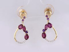 14KT Yellow Gold Diamond, Rhodolite and Amethyst Open Teardrop Dangling Earring