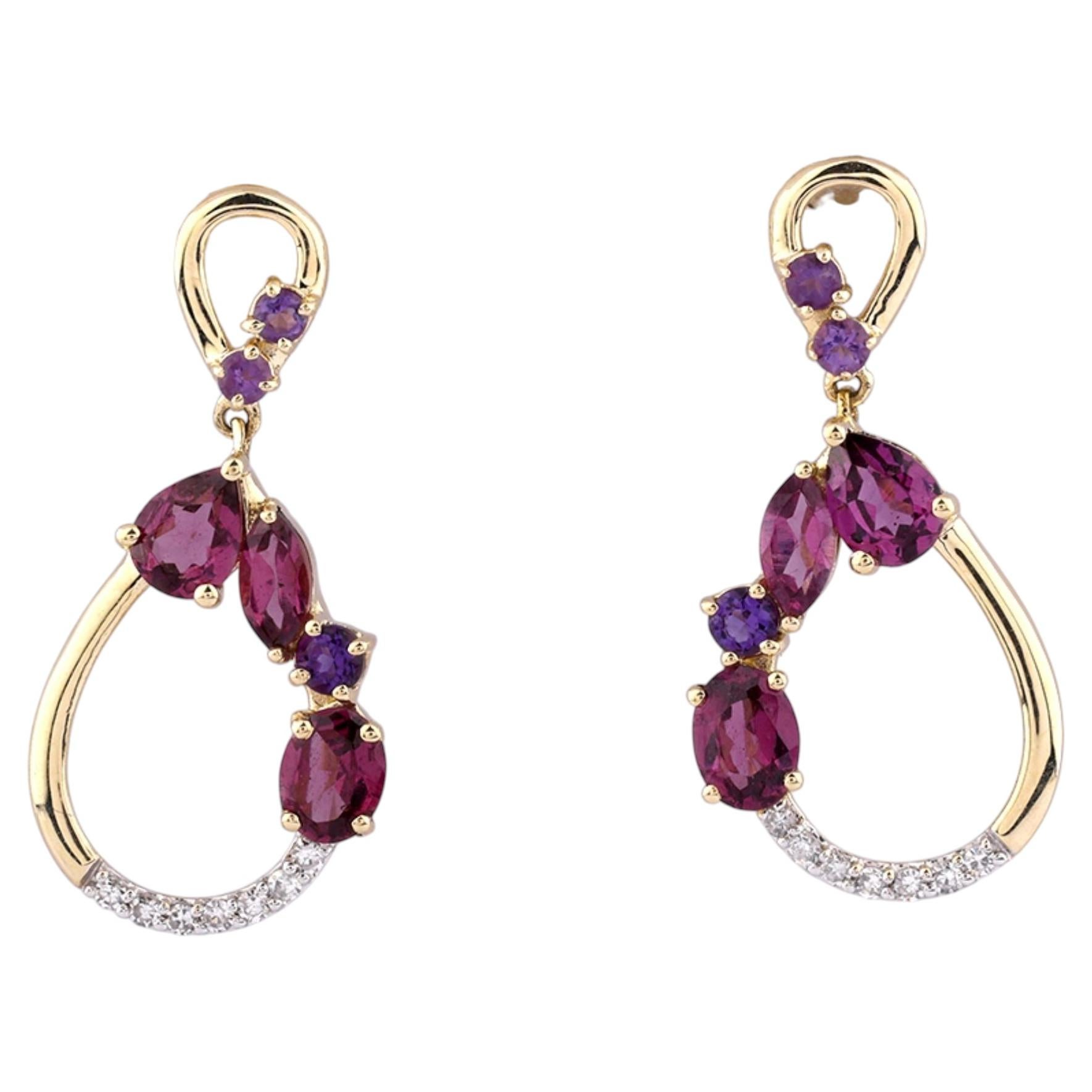 14KT Yellow Gold Diamond, Rhodolite and Amethyst Open Teardrop Dangling Earring For Sale