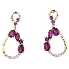 14KT Yellow Gold Diamond, Rhodolite and Amethyst Open Teardrop Dangling Earring