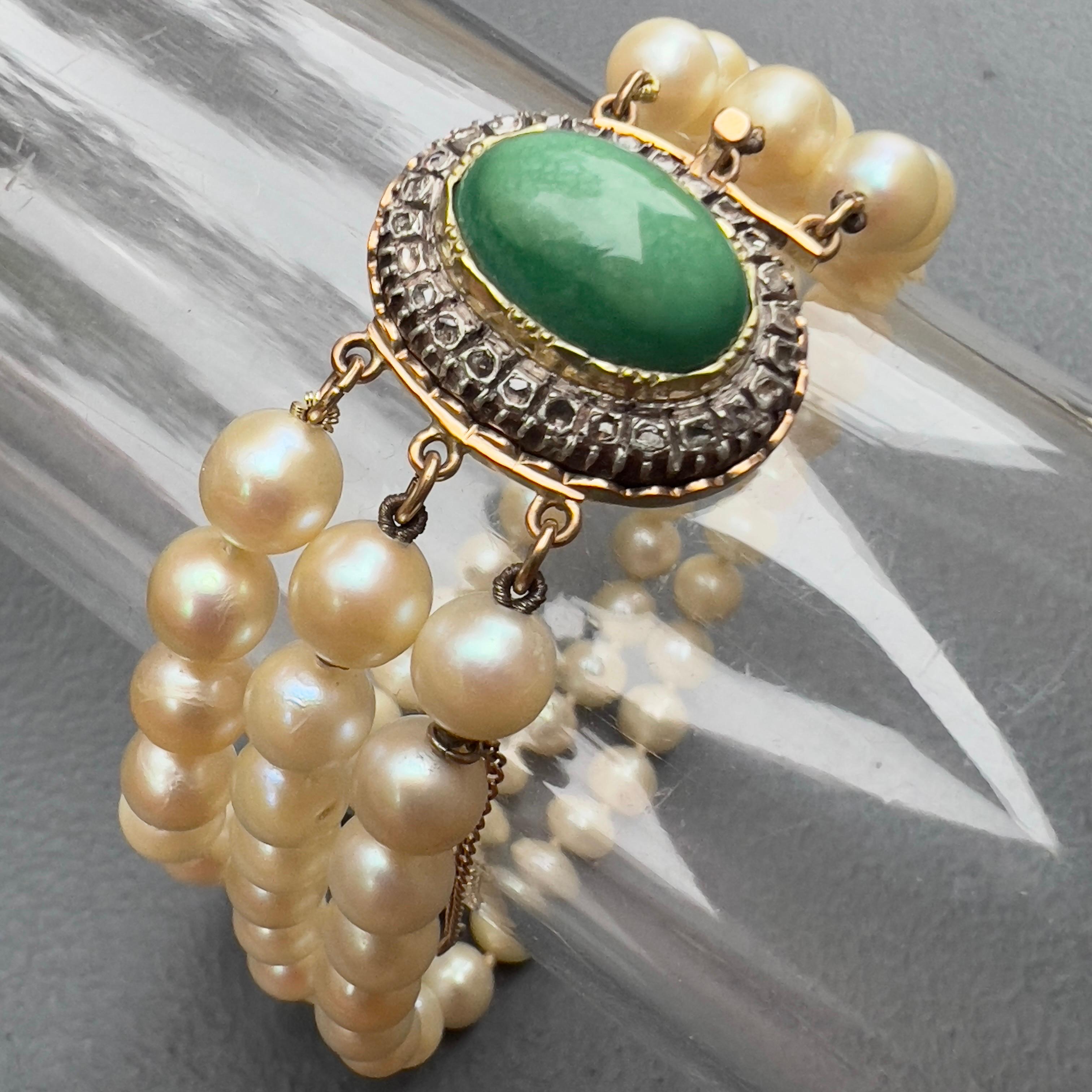 Bracelet triple rang de perles de culture en or jaune 14kt avec diamant et turquoise  en vente 7