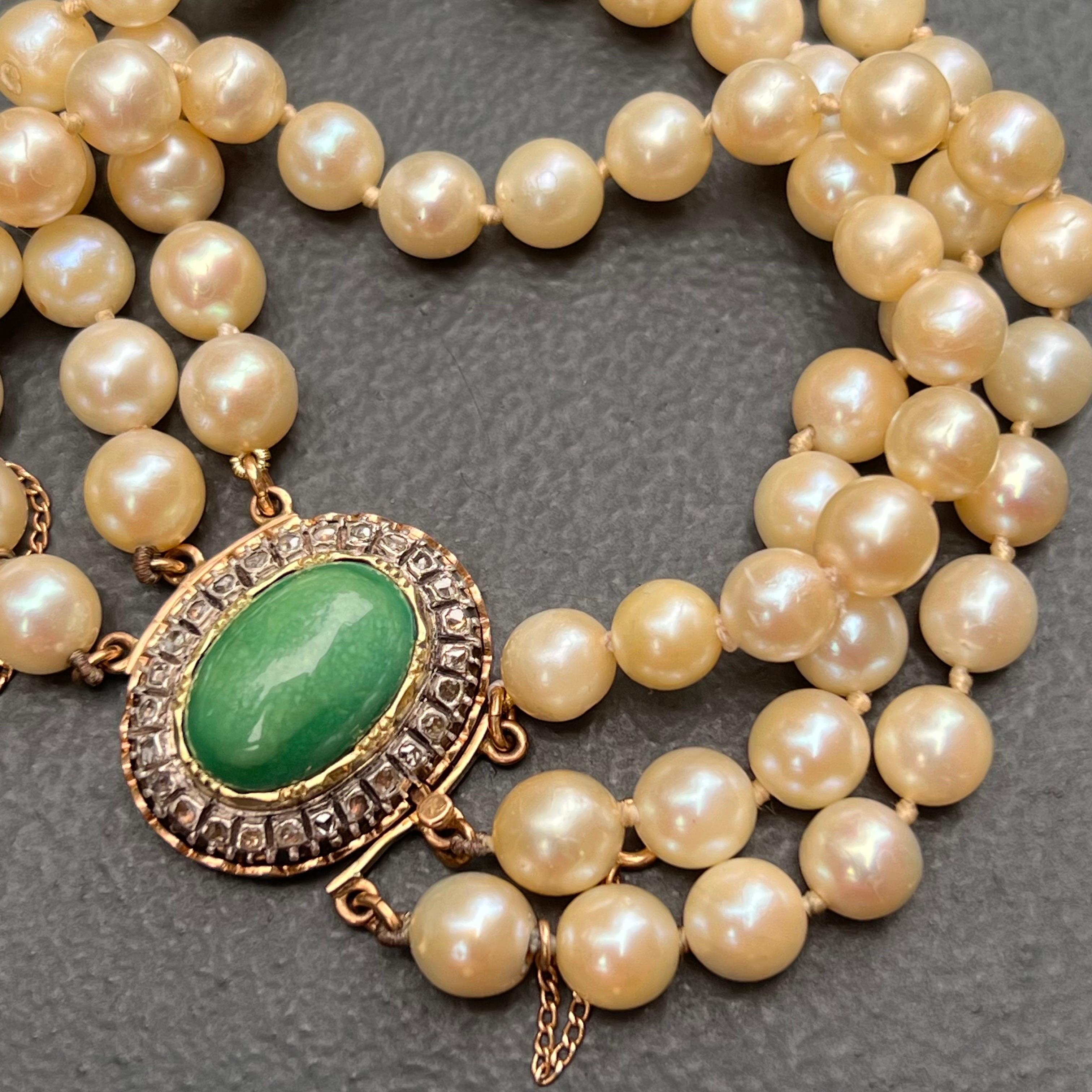 Taille rose Bracelet triple rang de perles de culture en or jaune 14kt avec diamant et turquoise  en vente