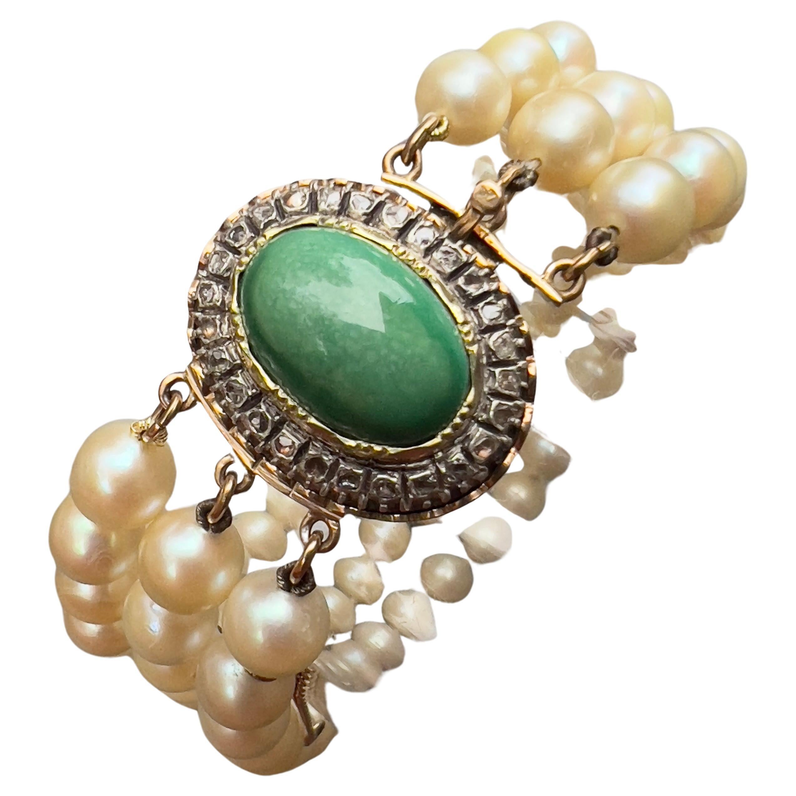 Bracelet triple rang de perles de culture en or jaune 14kt avec diamant et turquoise  en vente
