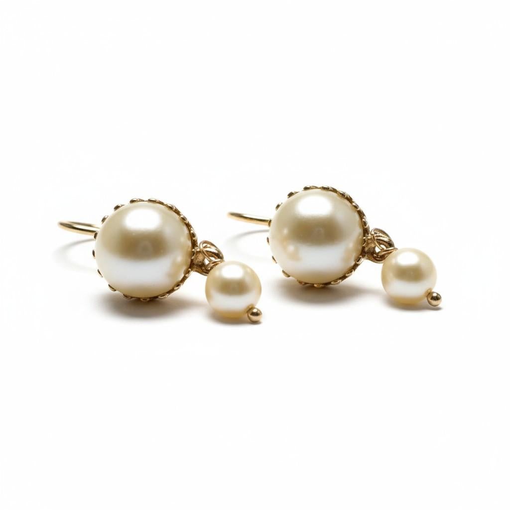 Orecchini a cerchio con perle a doppia goccia in oro giallo 14kt in vendita 2