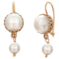 14kt Yellow Gold Double Drop Pearl Dangle Hoop Earrings