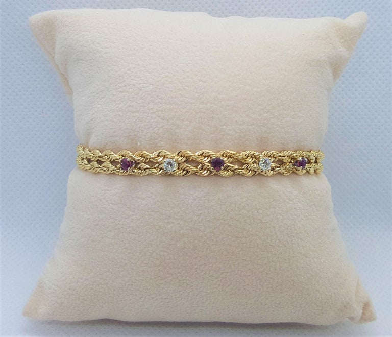14kt Yellow Gold Double Rope Bracelet Diamonds and Rubies, 14.4 Gr For
