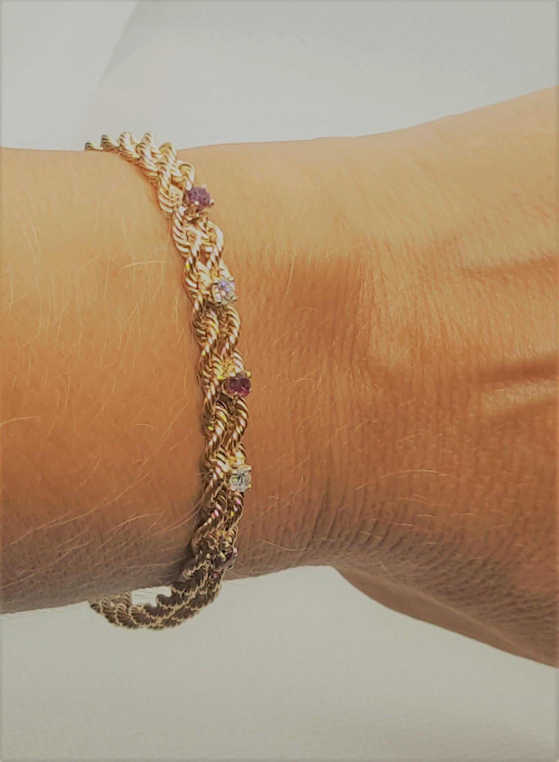 Modern 14kt Yellow Gold Double Rope Bracelet Diamonds and Rubies, 14.4 Gr For Sale