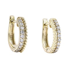 14KT Yellow Gold Double Row Diamond Huggie Hoop Earrings