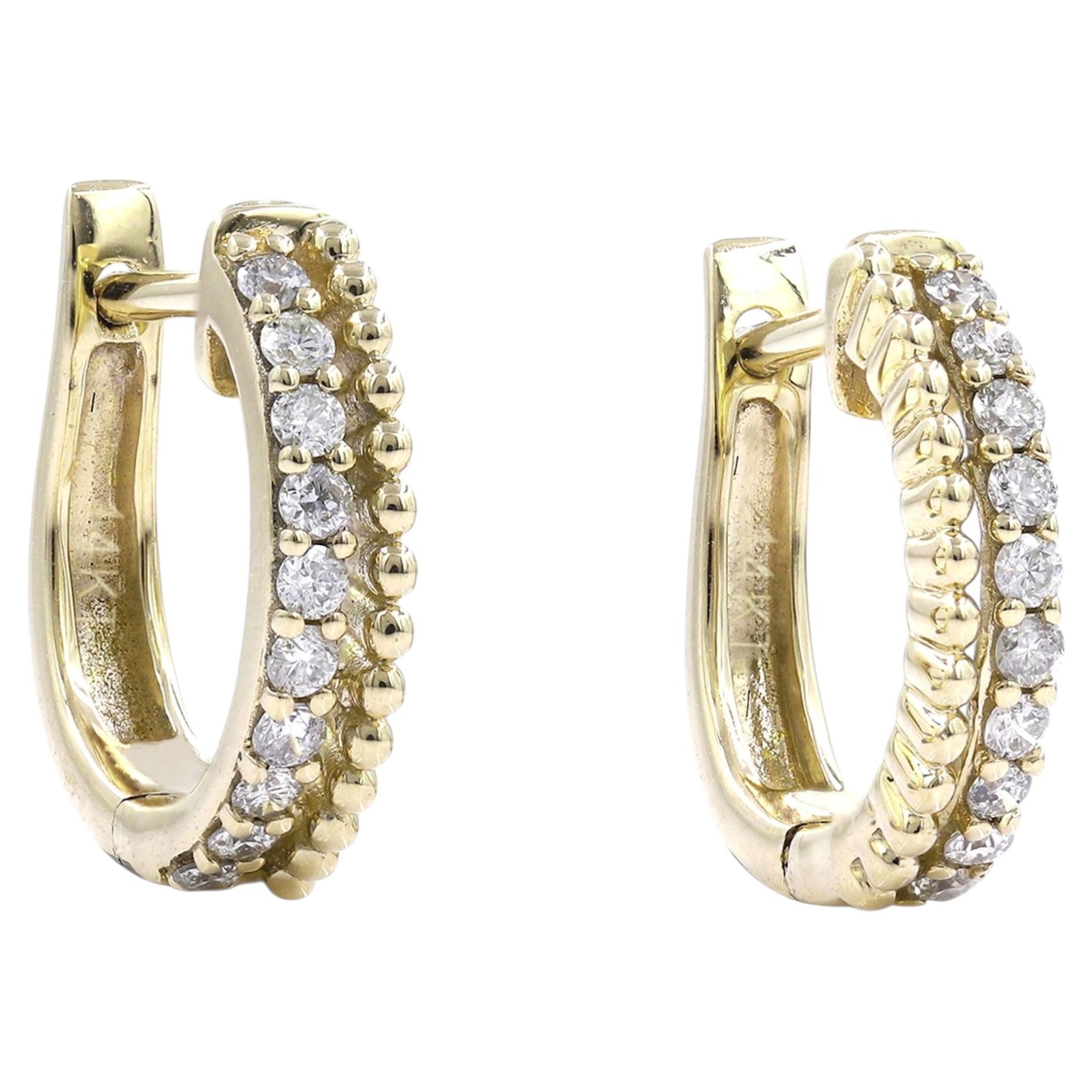 14KT Yellow Gold Double Row Diamond Huggie Hoop Earrings