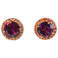 14Kt Yellow Gold Earrings set with Rhodolite Garnet & Orange Sapphire