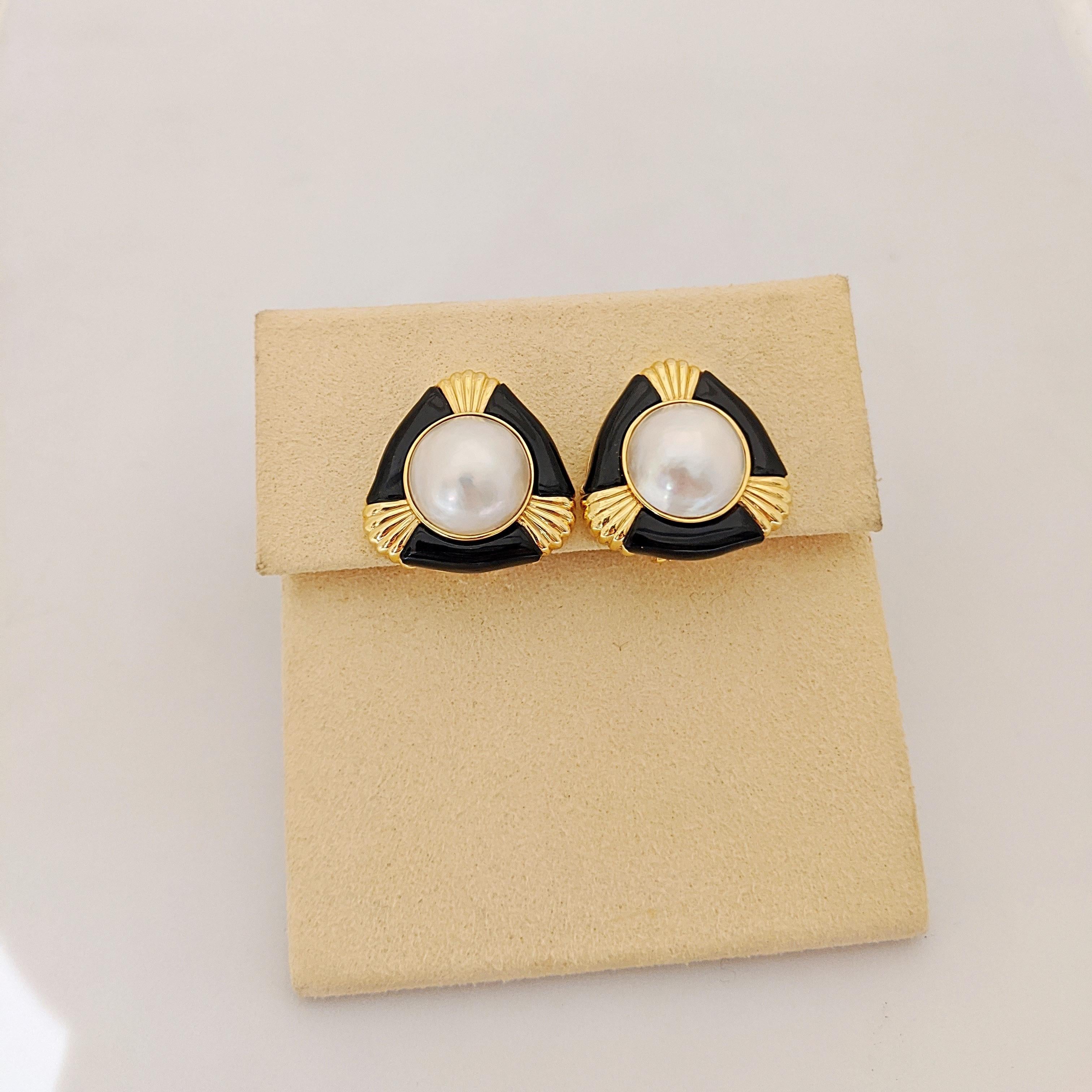 14 Karat Yellow Gold Earrings with Mabe Pearl and Black Onyx 1