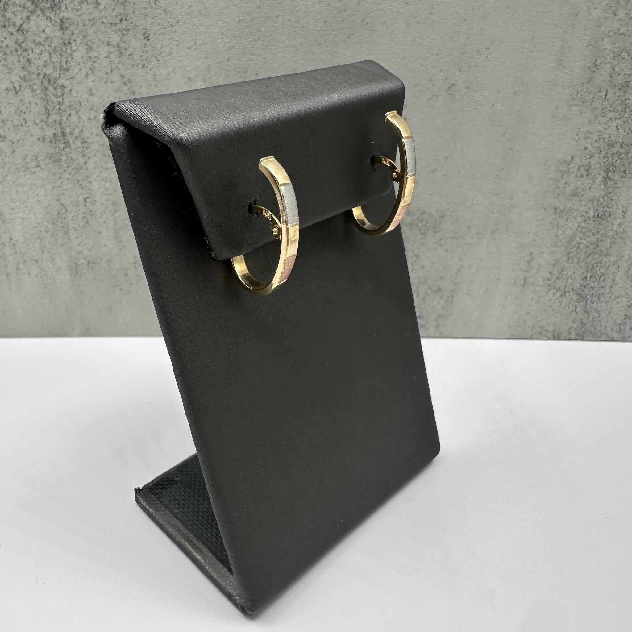 Questi eleganti orecchini in oro giallo 14kt presentano una splendida combinazione di accenti in oro rosa e bianco, creando una morbida finitura tri-tono che aggiunge dimensione e raffinatezza. Con una larghezza di 3 mm e una superficie lucida,