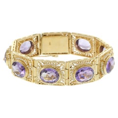 Armband aus 14-karätigem Gelbgold im edwardianischen Stil mit Amethysten und Saatperlen in Filigran-Paneelen