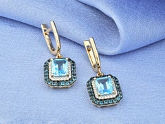 14KT Yellow Gold Emerald-Cut Blue Topaz Double Halo Drop Earrings