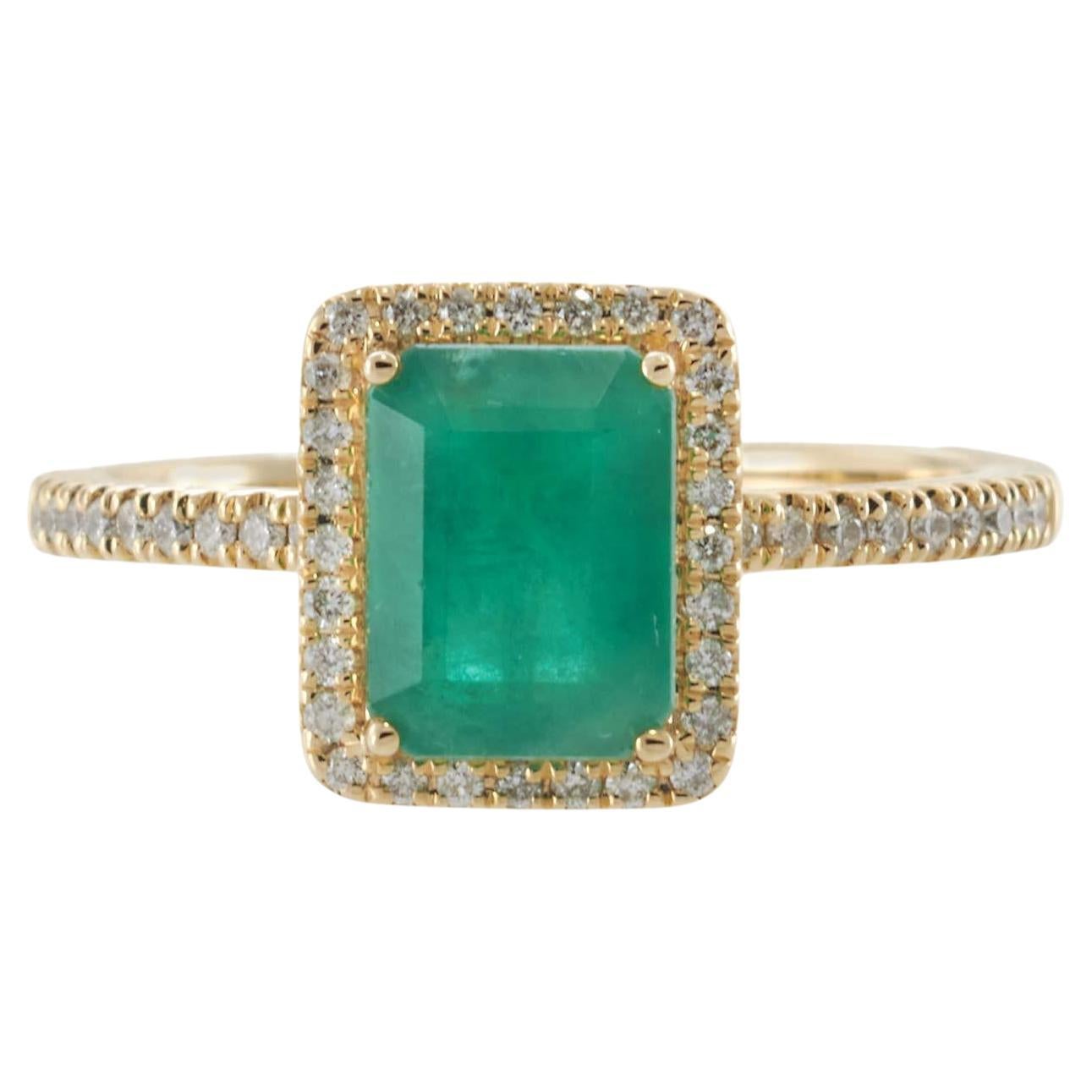 14KT Yellow Gold Emerald-Cut Emerald and Diamond Halo Ring