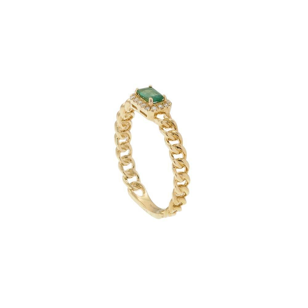 Round Cut 14KT Yellow Gold Emerald & Diamond Chain-Link Ring For Sale