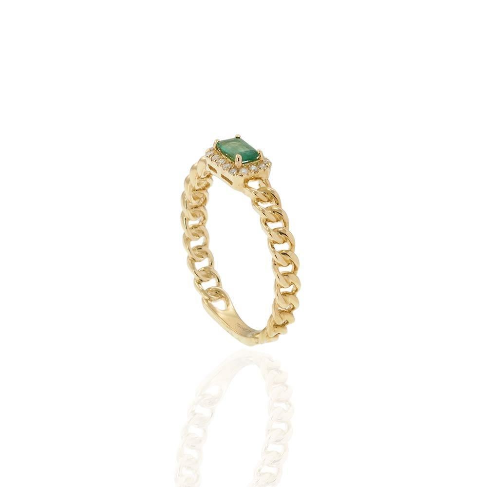 14KT Yellow Gold Emerald & Diamond Chain-Link Ring In New Condition For Sale In New York, NY