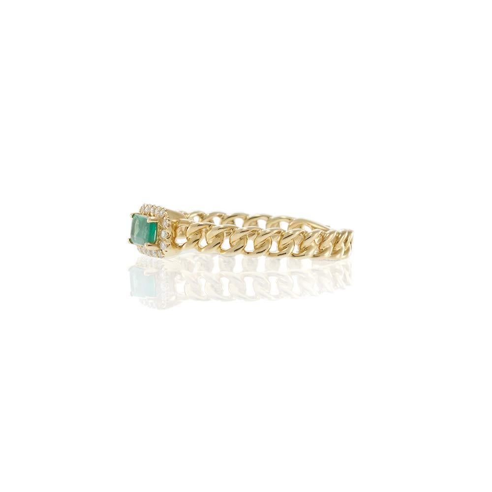 Women's or Men's 14KT Yellow Gold Emerald & Diamond Chain-Link Ring For Sale