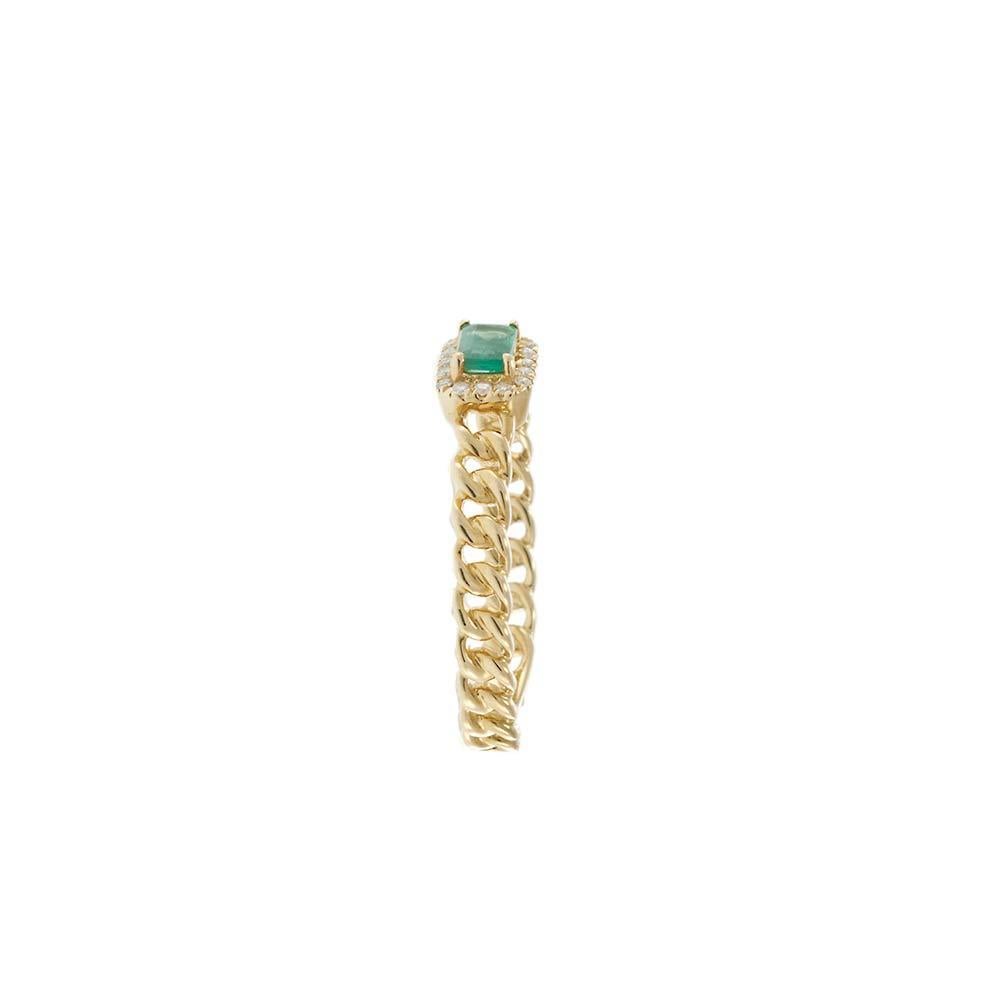 14KT Yellow Gold Emerald & Diamond Chain-Link Ring For Sale 1