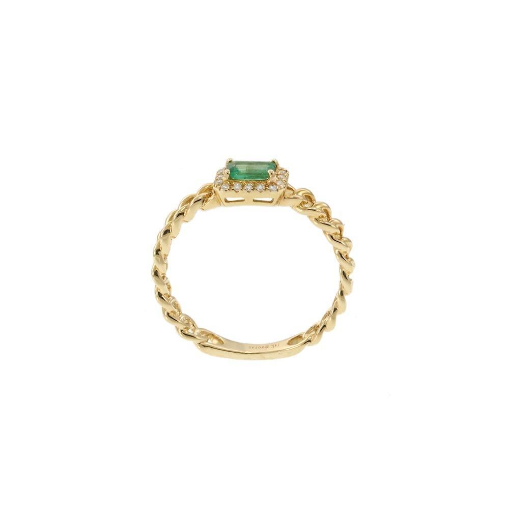 14KT Yellow Gold Emerald & Diamond Chain-Link Ring For Sale 2