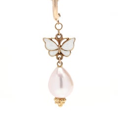 14 Karat Yellow Gold Enamel Butterfly and Pearl Dangle Earrings