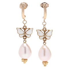 14 Karat Yellow Gold Enamel Butterfly and Pearl Dangle Earrings