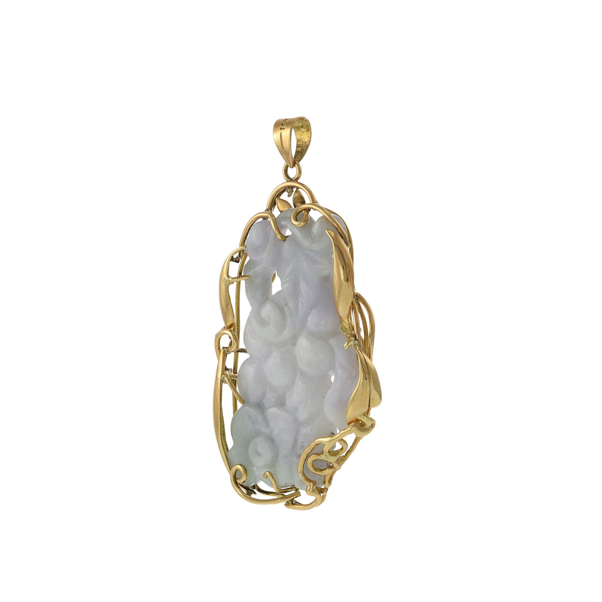 Retro 14KT Yellow Gold Estate Genuine White and Green Jade Carving Pendant For Sale