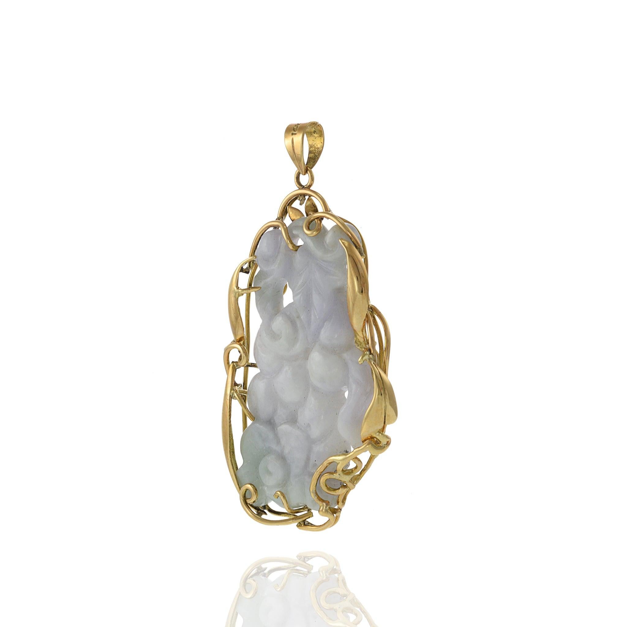 Mixed Cut 14KT Yellow Gold Estate Genuine White and Green Jade Carving Pendant For Sale