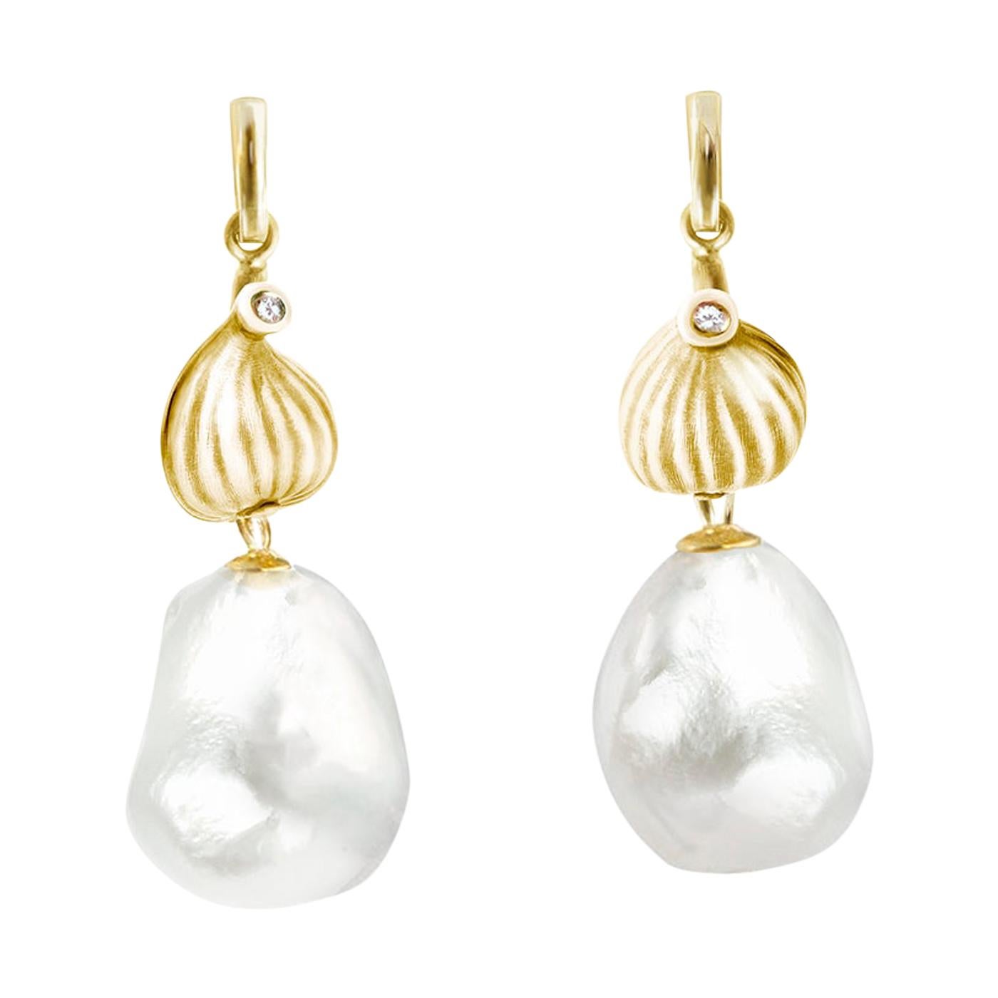 14 Kt Yellow Gold Fig Drop Earrings with Pearls and Diamonds by the Artist
